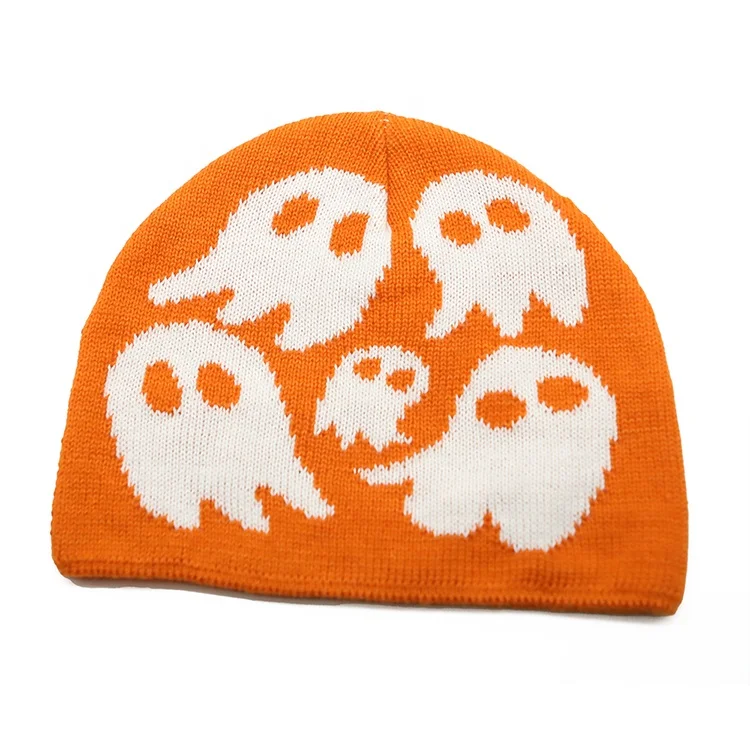 Unisex Halloween Skull Ghost Jacquard Knit Hat Beanie Winter Slouchy Toque Warmth Festive Party Caps Adults Kids Winter Gift