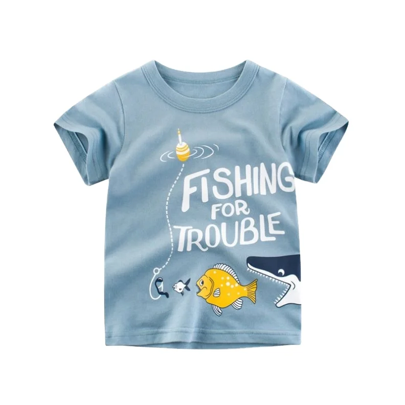 
Factory drop shipping high quality round neck children t shirt with funny fish print 