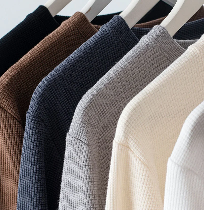 Custom long sleeve high quality cotton waffle knit t shirt heavyweight plain men shirt