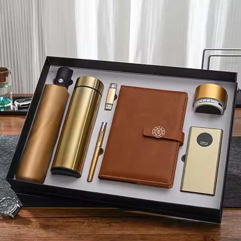 New Arrival 7 In 1 Promotional Business Flask Power Bank Umbrella Gift Set Custom Logo Luxury Set For Advertising Employee