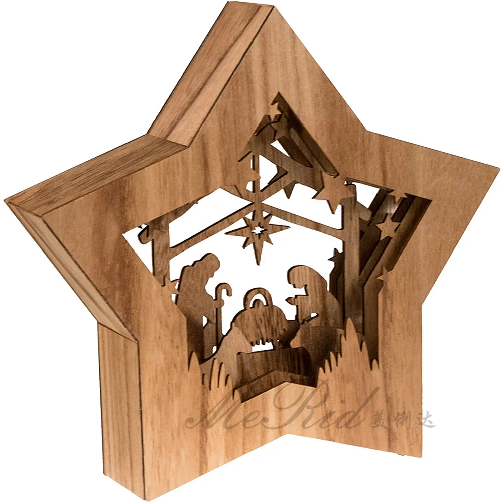 Clever Creations Wooden Star Shaped Nativity Scene Christmas Ornament, Festive LED Holiday Decor Eco-friendly
