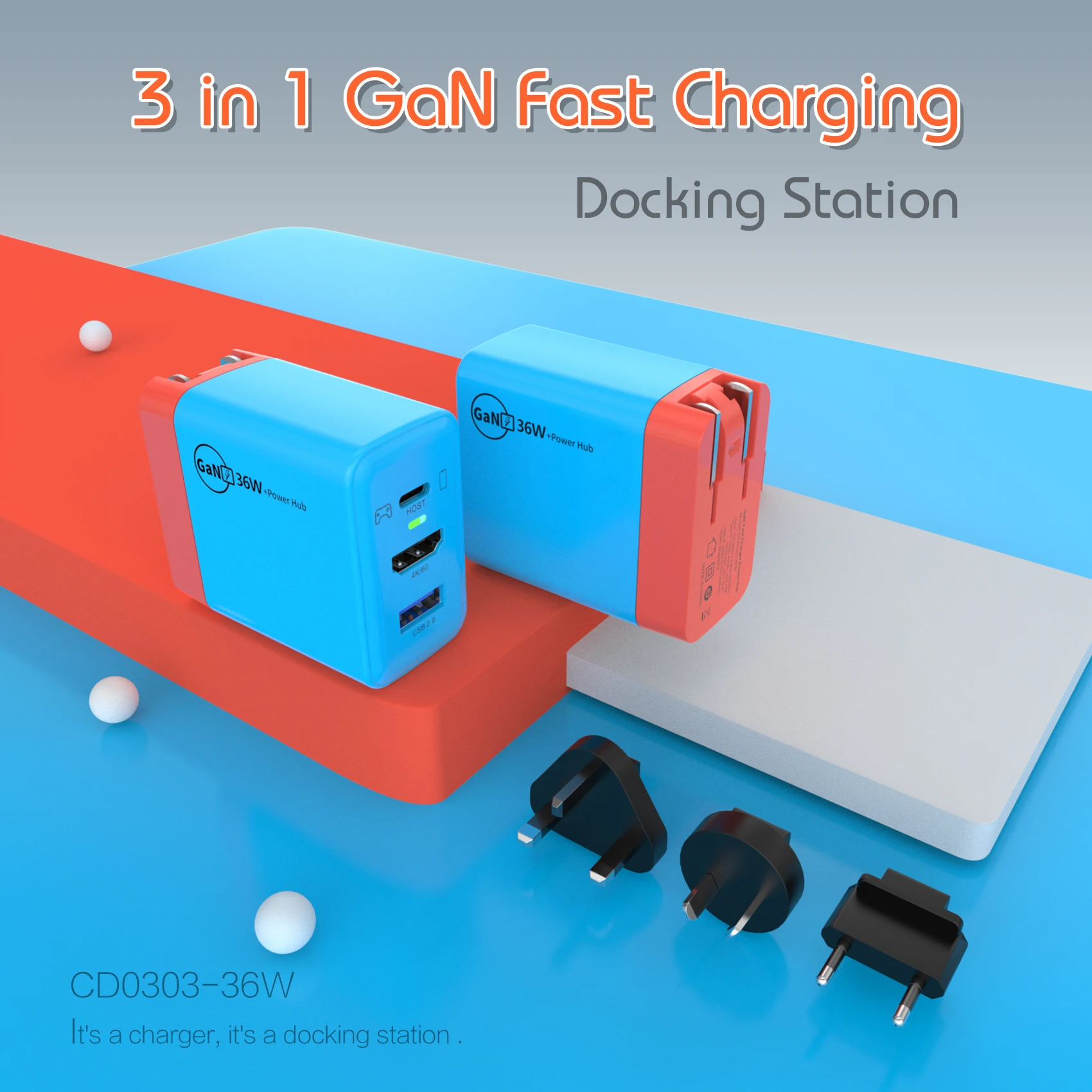PD Fast Charger Docking Station HD 4K@60Hz Type-C 3.1 USB2.0 Hub 3 in 1 for Nintendo Switch GaN 36W PD Charger Power Hub