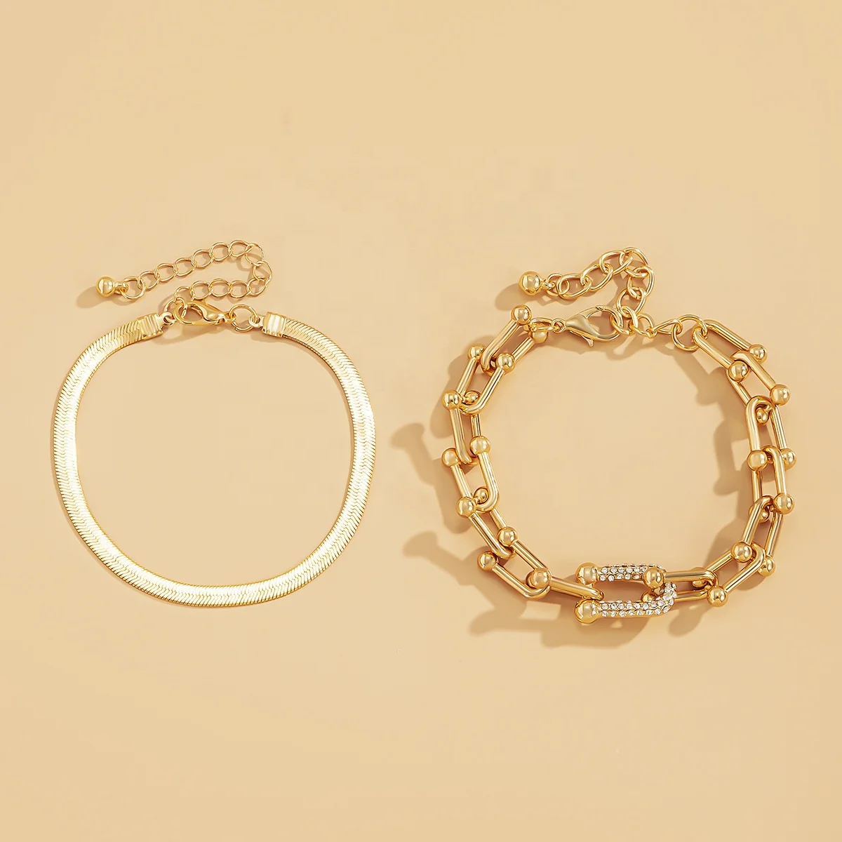 2 Pcs/ Set Statement Trendy Ladies Accessories U Shaped Lock Flat Snake Chain Bracelet Set For Women