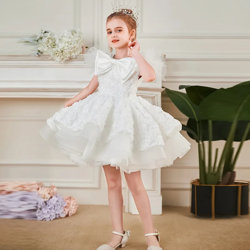 2024 Newest Princess White Ball Gown Stereoscopic Rose Fairy Girls Host Piano Performance Birthday Party Elegant Puffy Dresses