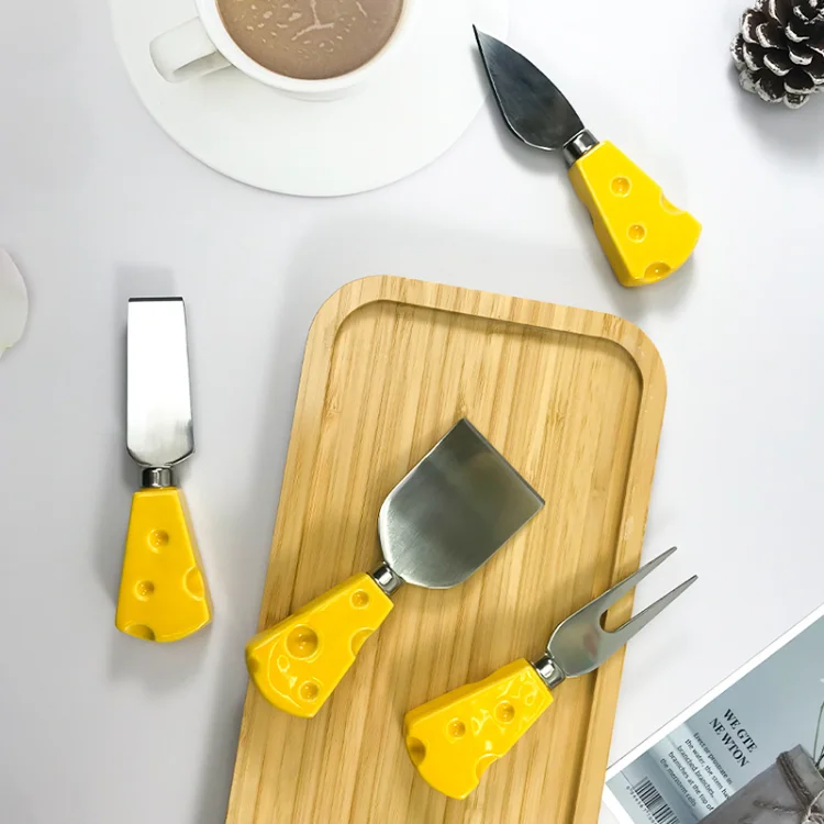 4 Pieces Ceramic Handle Cheese Knives Kitchen Gadgets Butter Knife Tool Stainless Steel Cheese Knife and Fork Set