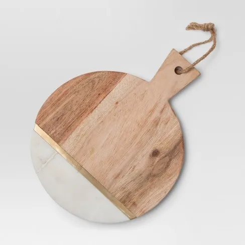 Round marble acacia wooden serving cheese cutting chopping board with handle home decor modern kitchen accessories