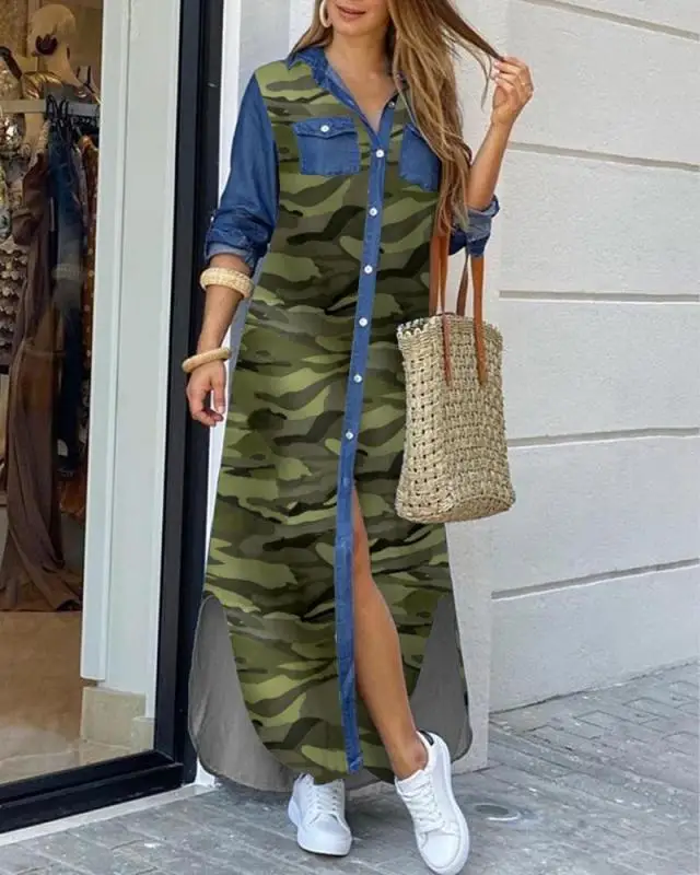 
C3 Women Elegant Print Buttoned Slit Shirt Dress Maxi Party Dress Casual Loose Long Sleeve Beach Dresses Vestidos 