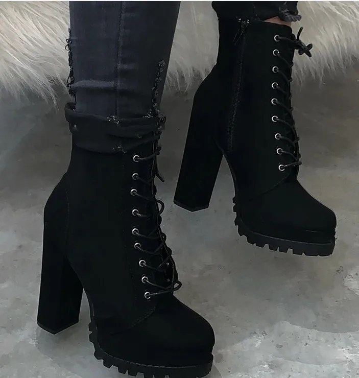 High Quality Women Suede Adjustable Laces Side Zipper Booties Ladies Chunky High Heel Shoes Sole Platform Lace Up Boots