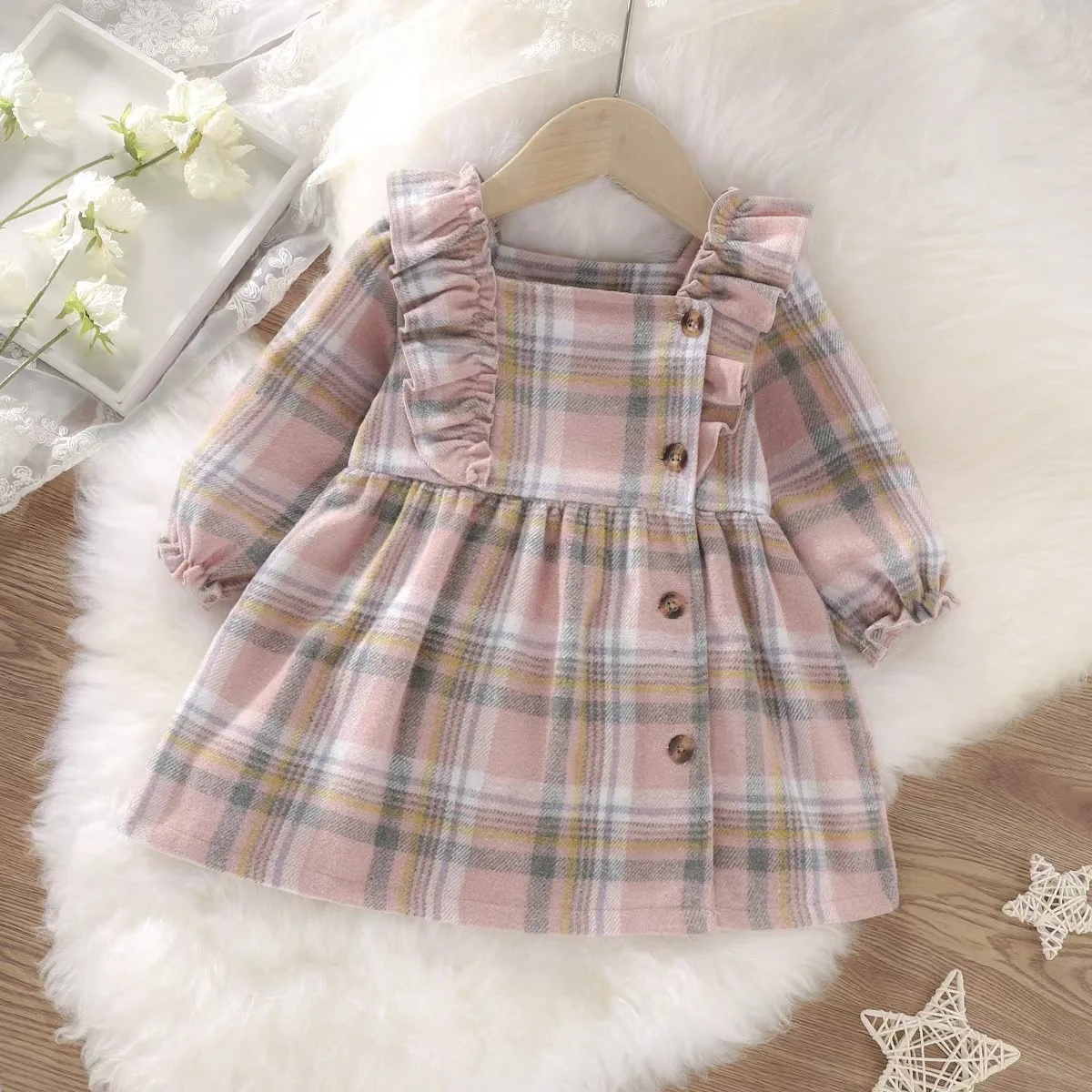 Full Sleeve Pleated Ruffle Princess Lovely Girls Dress Kids Frock Retro Style Children Fall Dress With Button