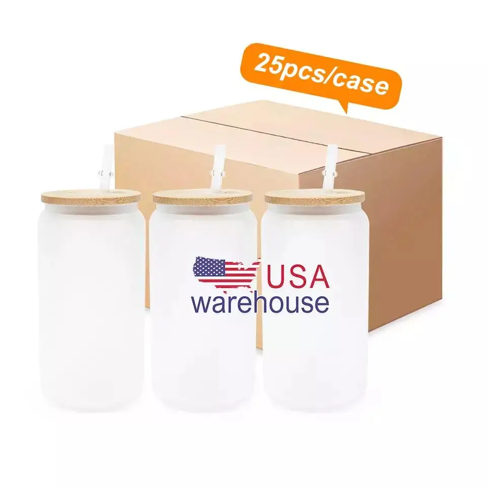 wholesale USA Warehouse 12oz 16oz Sublimation Can Shape Tumbler Libby Glass Cup Clear Frost Beer Glass with Bamboo Lid