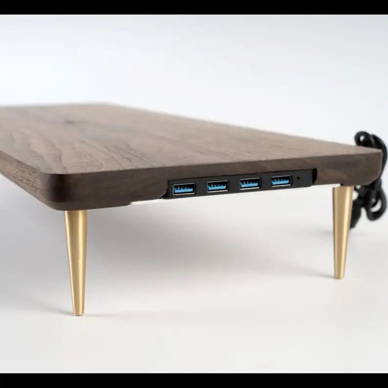 Walnut Wood Monitor Stand Computer Riser Solid Wood Desk Shelf for iMac and Computer Monitors with USB Ports