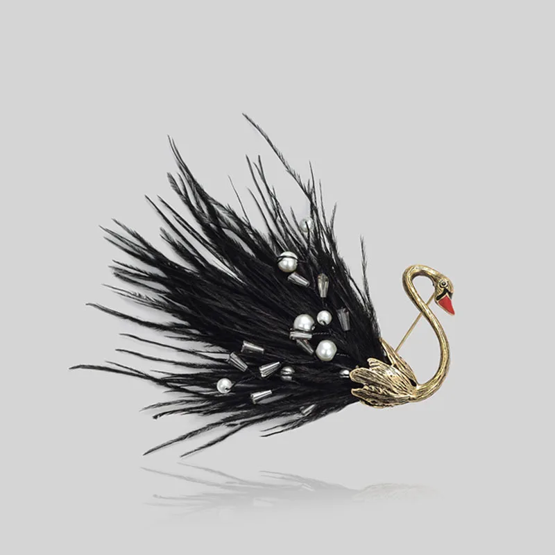 Vintage Elegant Personalized Swan Black Feather Brooches Pin Pearl Real Feather Brooch For Women