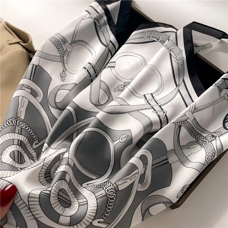 Fashion ladies luxury designer logo printed silk square scarf with chain pattern 70*70cm silk small handkerchief hair scarf