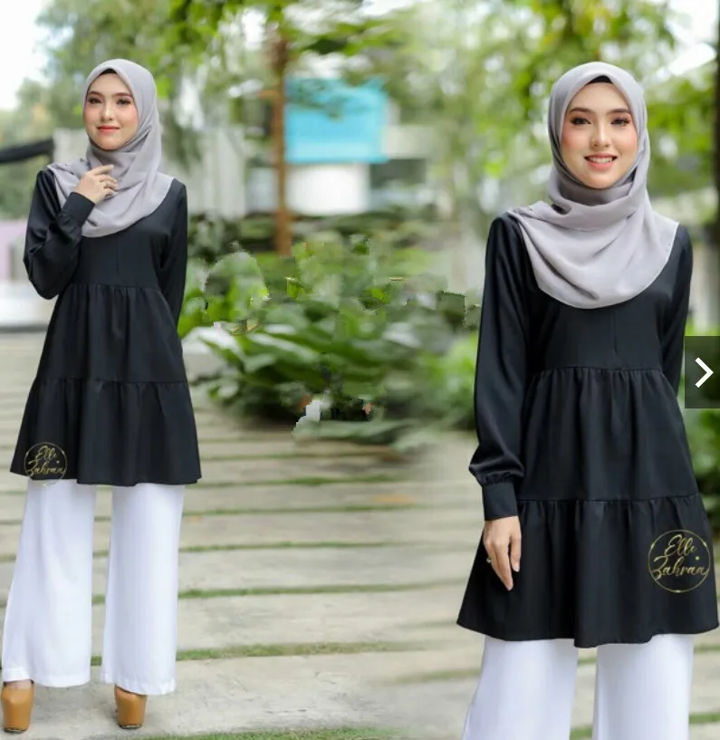 Muslim solid color round neck long-sleeved multi-layer stitching long shirt Middle Eastern Malay stitching pleated shirt