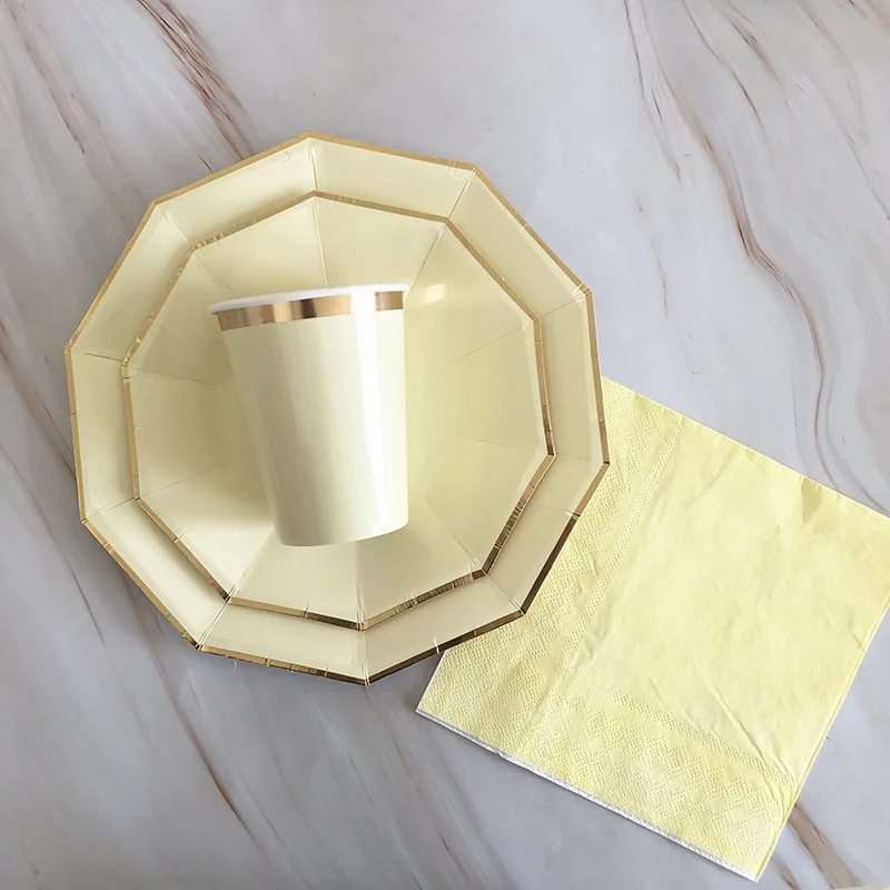 New design hot stamping lace plain colour theme paper cup and napkin disposable paper plate set