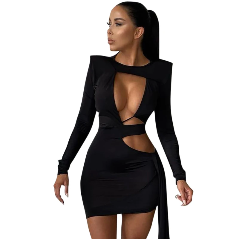 Nibber W21DS481 Trending 2021 Fall Elegant Long Sleeve O-neck Lady Office Slim Ribbon Bodycon Hollow Out Mini Dresses Women