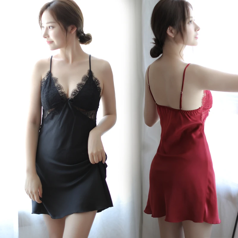 hot sexy lingerie plus size satin lace black  intimate sleepwear robe sexy night gown women sexy erotic underwear