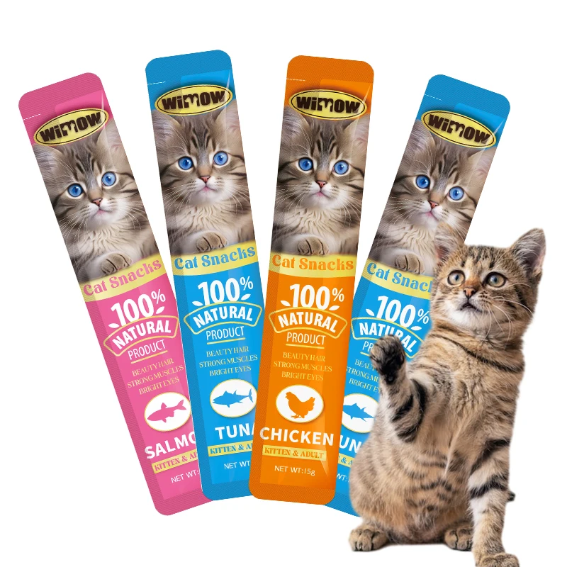 Pet Supplies OEM Custom 15g Cat Delicious Wet Food Treats Snacks Canned in Bag Food Salmon Tuna Chicken Breast Cod Tin Can