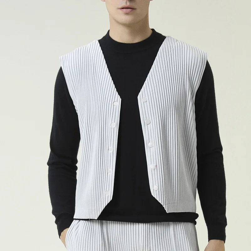 FXZ hot sale high quality single breasted 100% polyester pleated men waistcoat fashion pleated man vest