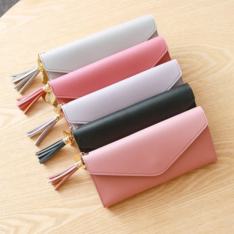 latest fashion Cute Student Tassel Pendant Trend pure Color litchi leather Clutch long women purse wallet