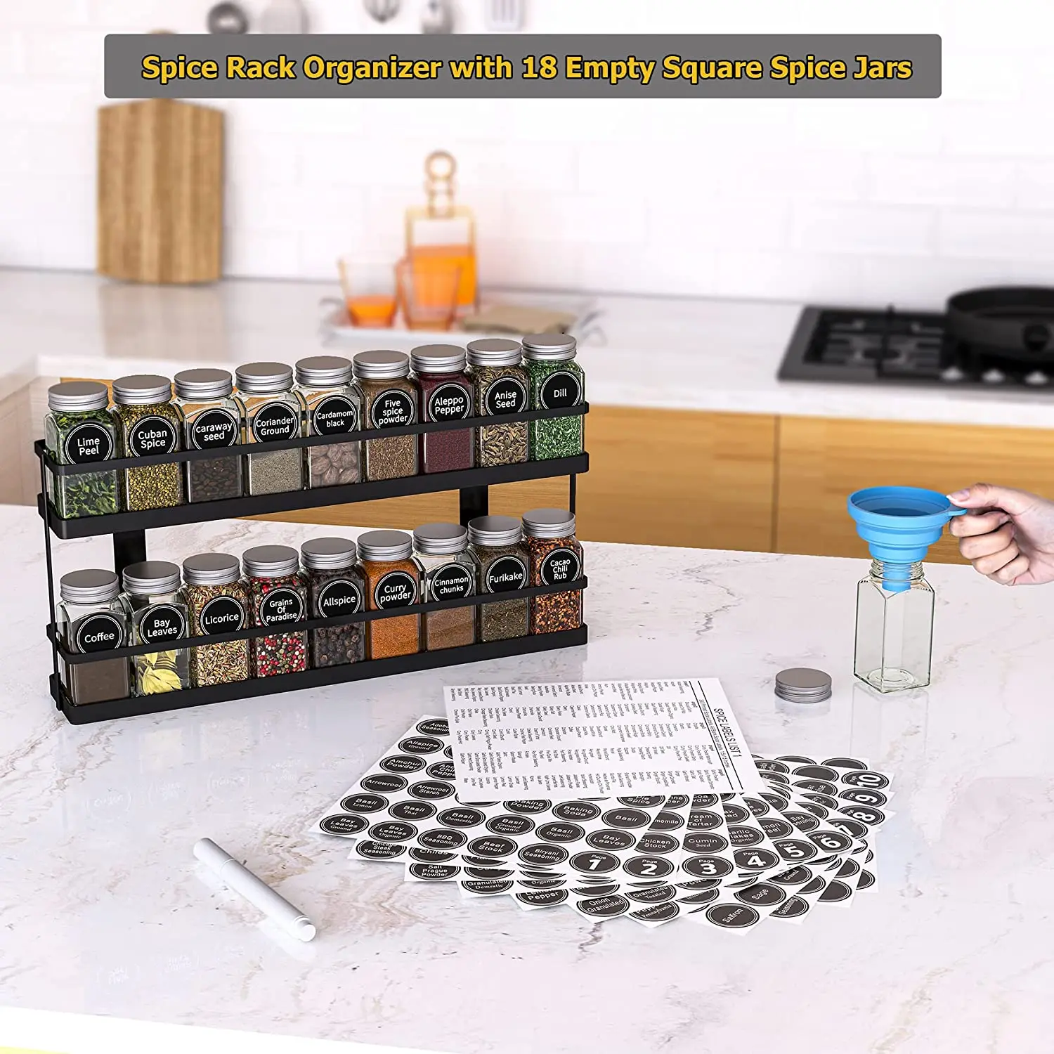 New  Design Spice Rack Organizer with 18 Empty Square Spice Jars Holder for Countertop Wall Mount or Cabinet Pantry Door