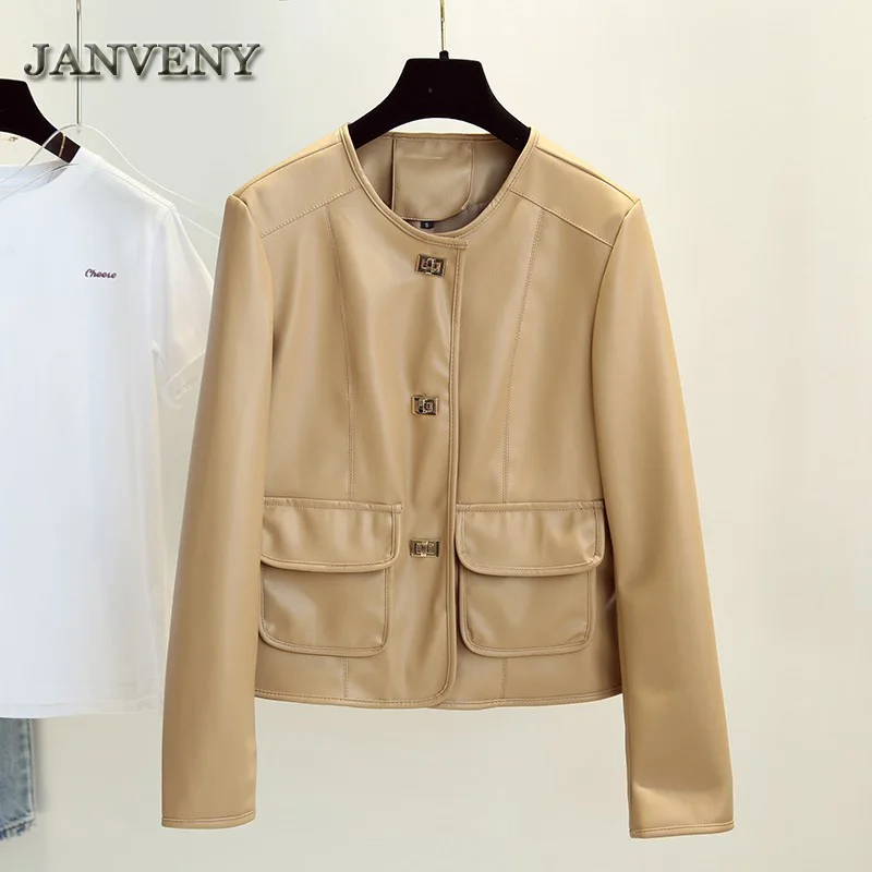 JANVENY 2023 New Spring Autumn Imitation Sheepskin Faux Leather Coat Women Stitching Decorative Buckle Pu Leather Cropped Jacket