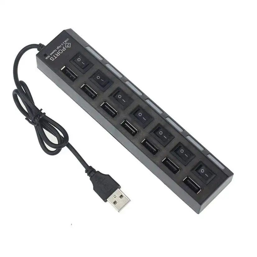 High Speed 7 Port USB 2.0 Multi Splitter Expansion Desktop HUB With LED Indicator ON/OFF Switch