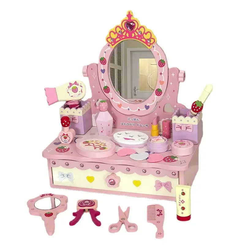 New Design Baby Wooden Role Play Royal Pink Dresser Make Up Table Educational Cosmetic Learning Toys For Girls From 9 To 12