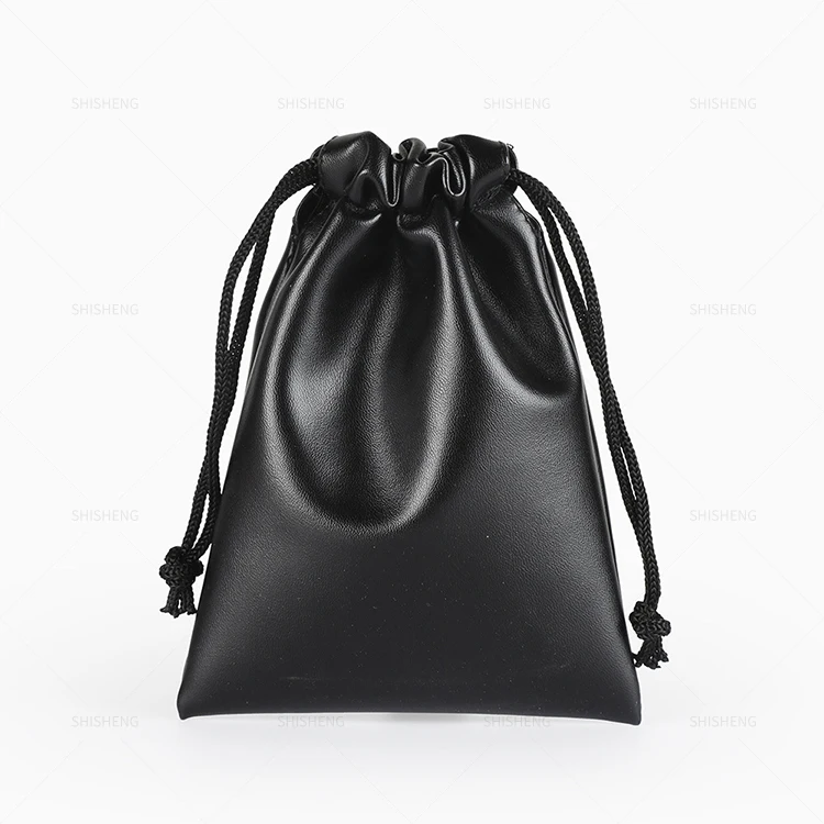 SHI SHENG High Quality Small Drawstring Black Pu Leather Pouch for Cosmetics Headphones Jewelry Earplugs Gift Packaging Bag