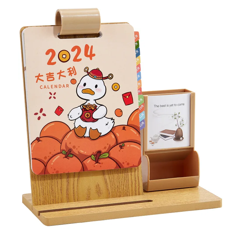2024 multi-functional wooden frame loose-leaf buckle creative simple office desktop decoration mobile phone stand desk calendar