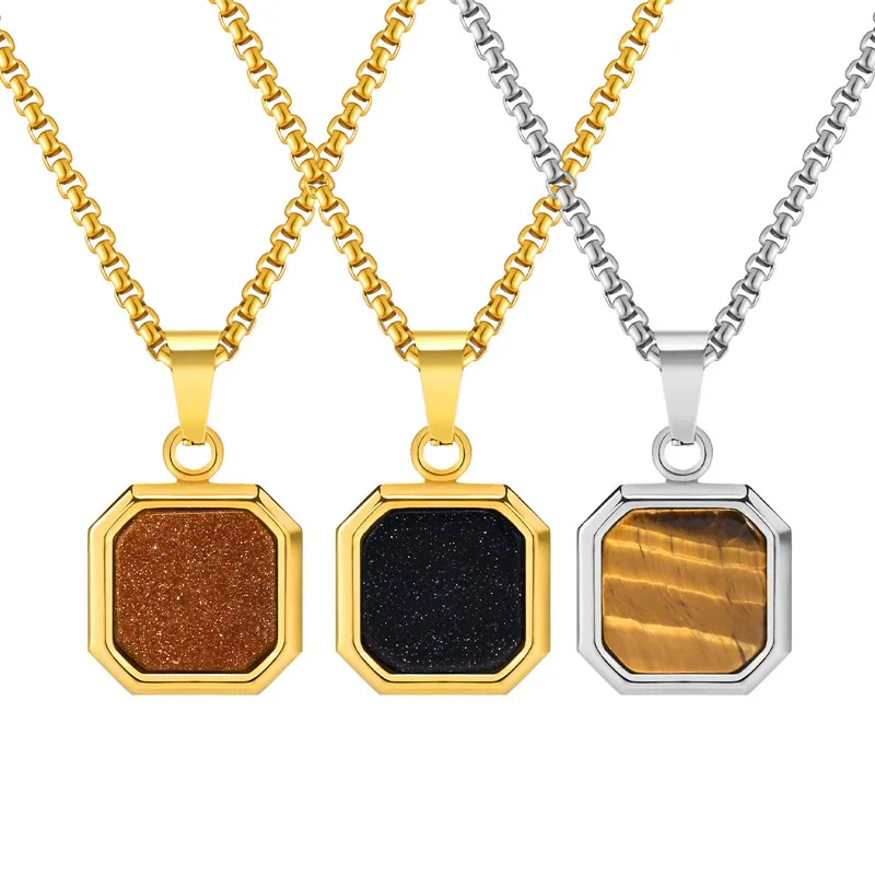 Fashion jewelry men square turquoise stone pendant necklaces acrylic 18k gold plated stainless steel shell charms necklace