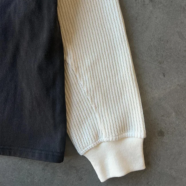 Custom Blank Sun Faded Acid Washed Casual Waffle Knit T Shirt Pocket Heavyweight Cotton Double Layer Long Sleeve T-Shirt Men