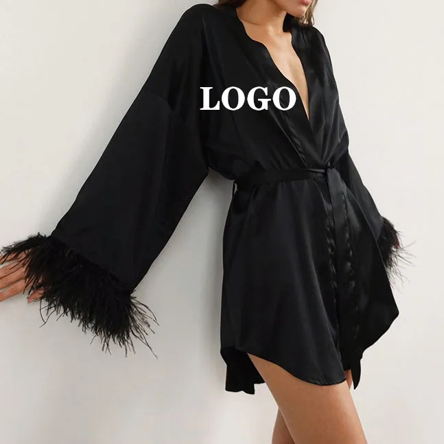 New Arrivals 2022 Luxury Nightgown Silk Sexy Pajamas With Feathers High Quality Custom Private Logo Black Women Satin Robes