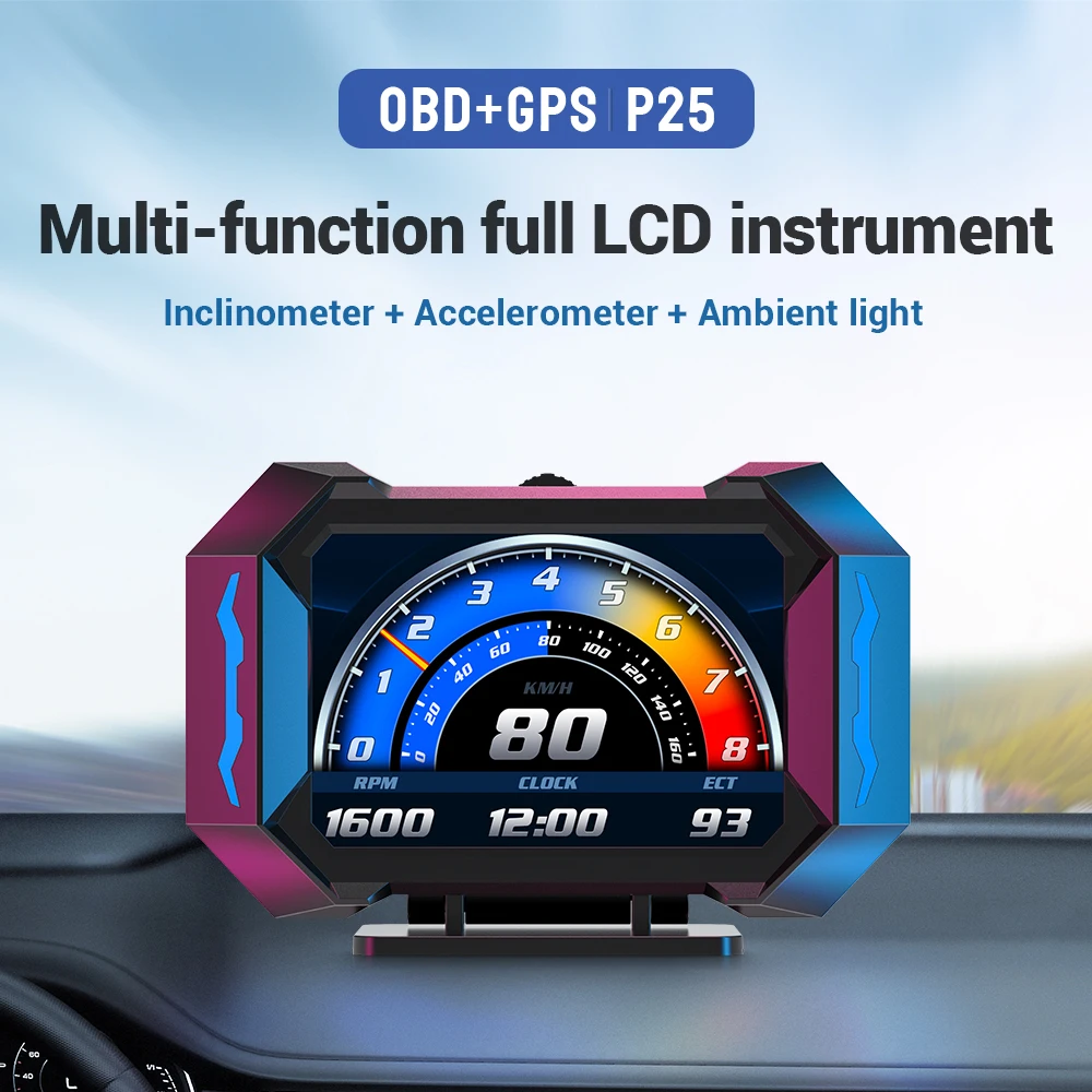 2024 Top Selling OBD2 GPS Speed Slope Meter Diagnostic Electronics 4 Inch LCD Screen Gauge Fuel Consumption P25 Car HUD