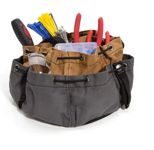 12-Pocket Parachute Style Tool Bag, Grey/Black Parachute Work Bag, Snap-Secured Tape Strap