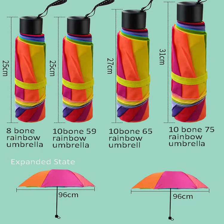 Best Sell Fashion 10k Rain And Sun Wind Resistant Tri-fold Portable Rainbow Umbrella