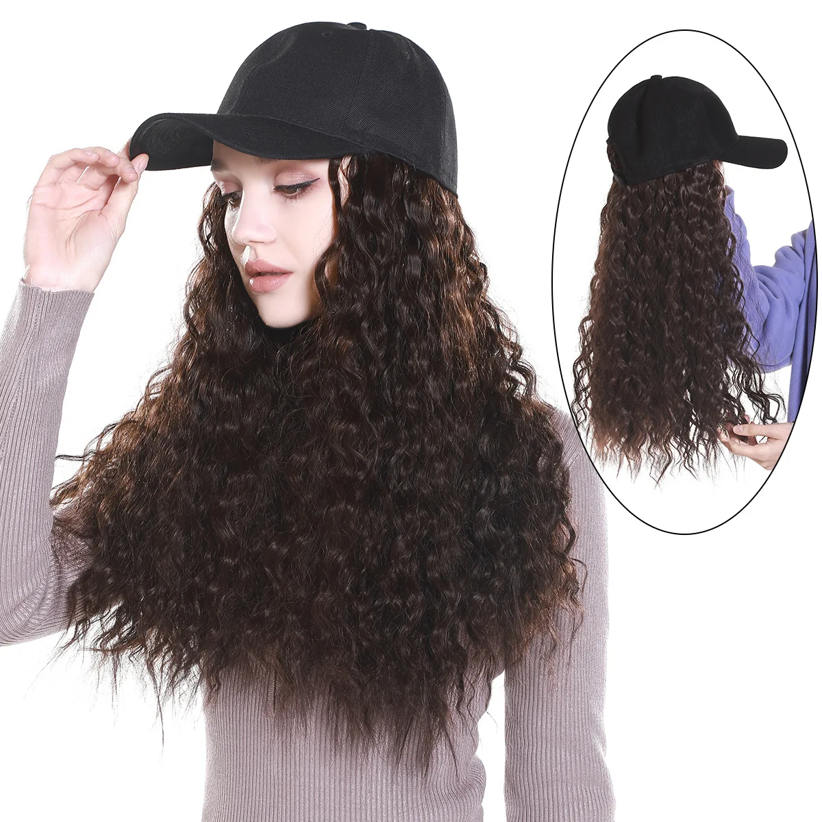Wholesale Cheap Human Hair Big Waves Medium Curls Fluffy Baseball Wig Cap Outdoor In Travel Baseball Cap Hats Hair Wig With Hat