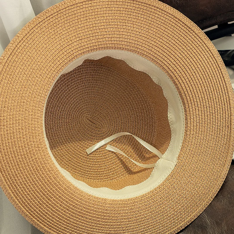2022 Summer Bowknot Ladies Wide Brim Flat Top Sunshade Beach Straw Hat For Women