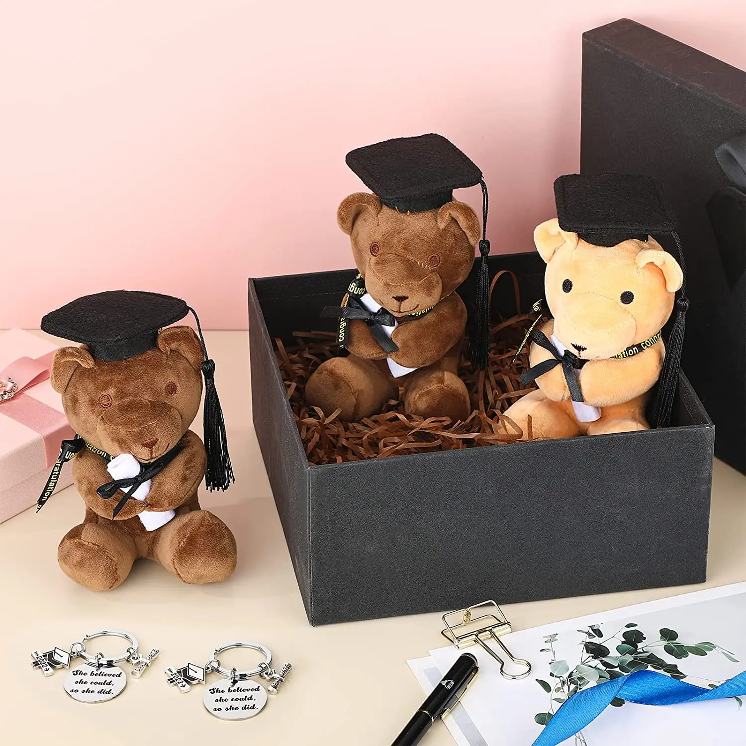 Custom Graduation Gifts Class of 2024 Stuffed Animal Bear and Inspirational Keychain Set Graduation Plush Bear