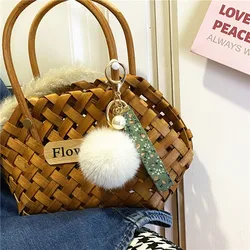 Multicolor Rabbit Fur Ball Keychain Favor Creative Floral Ribbon Keyring Cute Plush Bag Pendant Pearl Car Key Chain Accessories