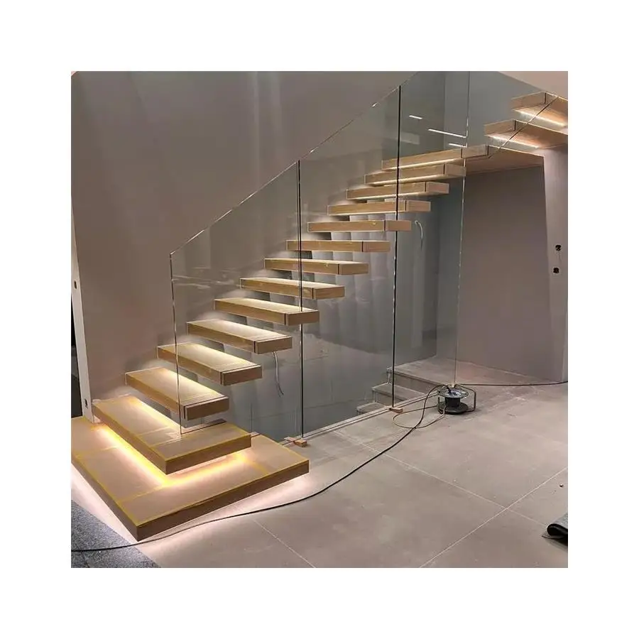 Prima Floating Staircase Indoor Industrial Floating Solid Wooden Staircase Steps Streads System
