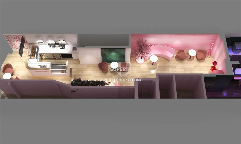 Pink Style Retail Drink Store Design Custom Milk Tea Store Interior Decoration Boba Tea Shop Counter for Matcha Tea Design