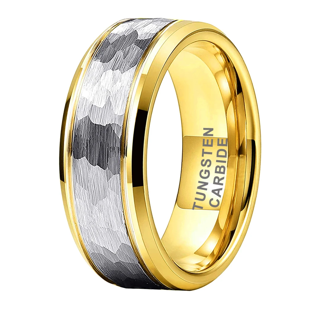 Coolstyle Jewelry Wholesale 8mm Gold Plated Hammered Tungsten Carbide Ring for Men Women Fashion Engagement Wedding Band