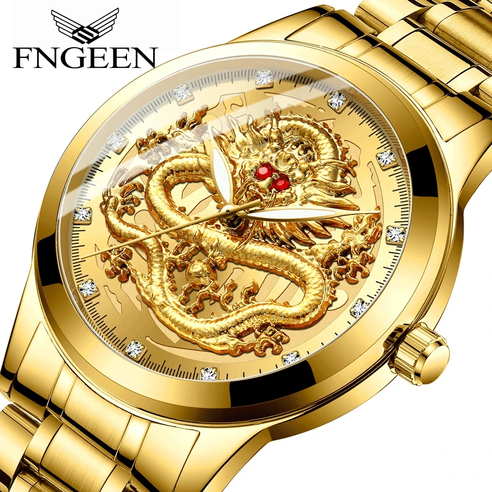 FNGEEN Couple Luxury Full Gold Clock Big Dial Dragon Phoenix Waterproof Men Women Luminous Calendar Date Round Quartz Watches