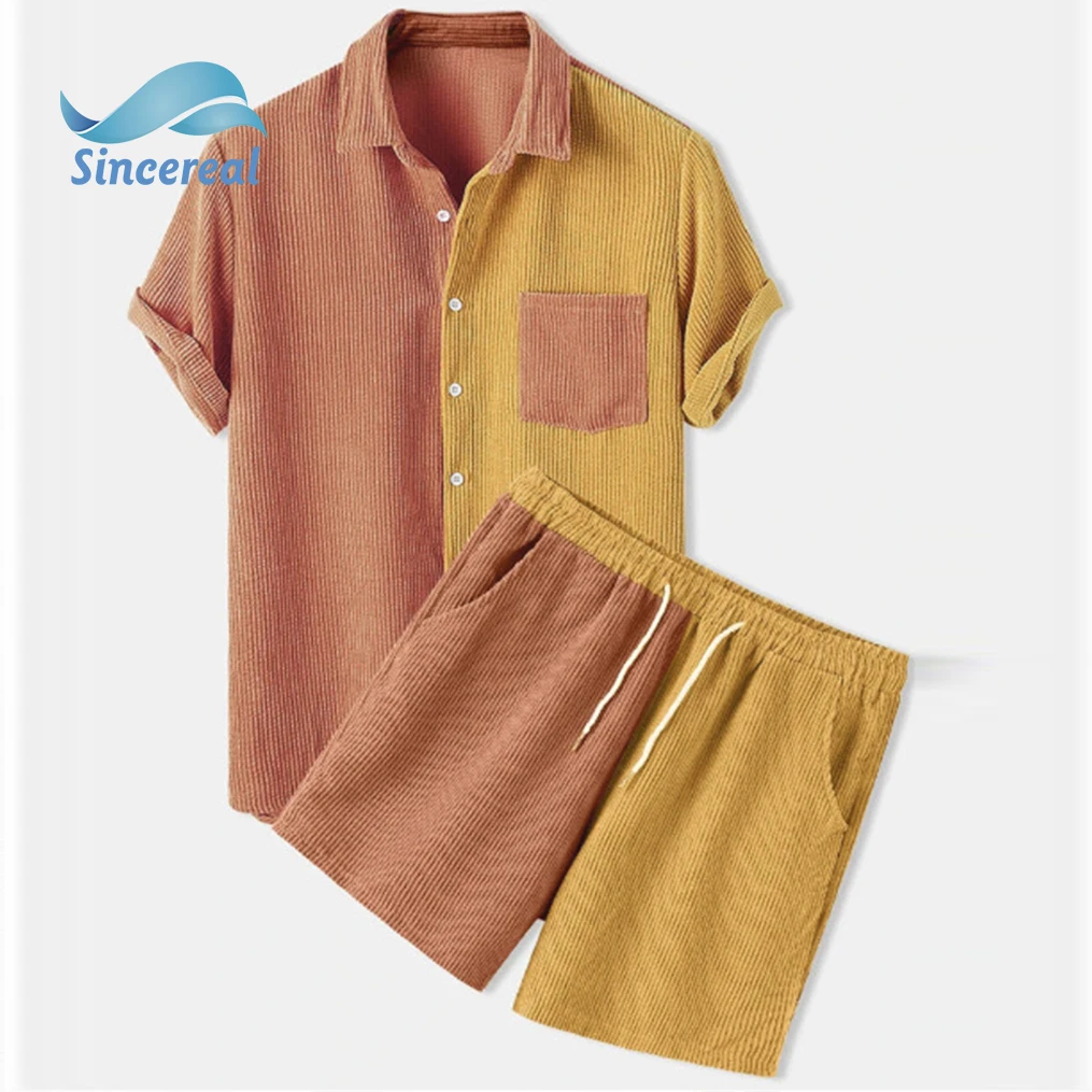 Custom Brand Mens Shirt and Shorts Patchwork Corduroy Designed Casual Loose Drawstring Waist Suits Two Piece sets