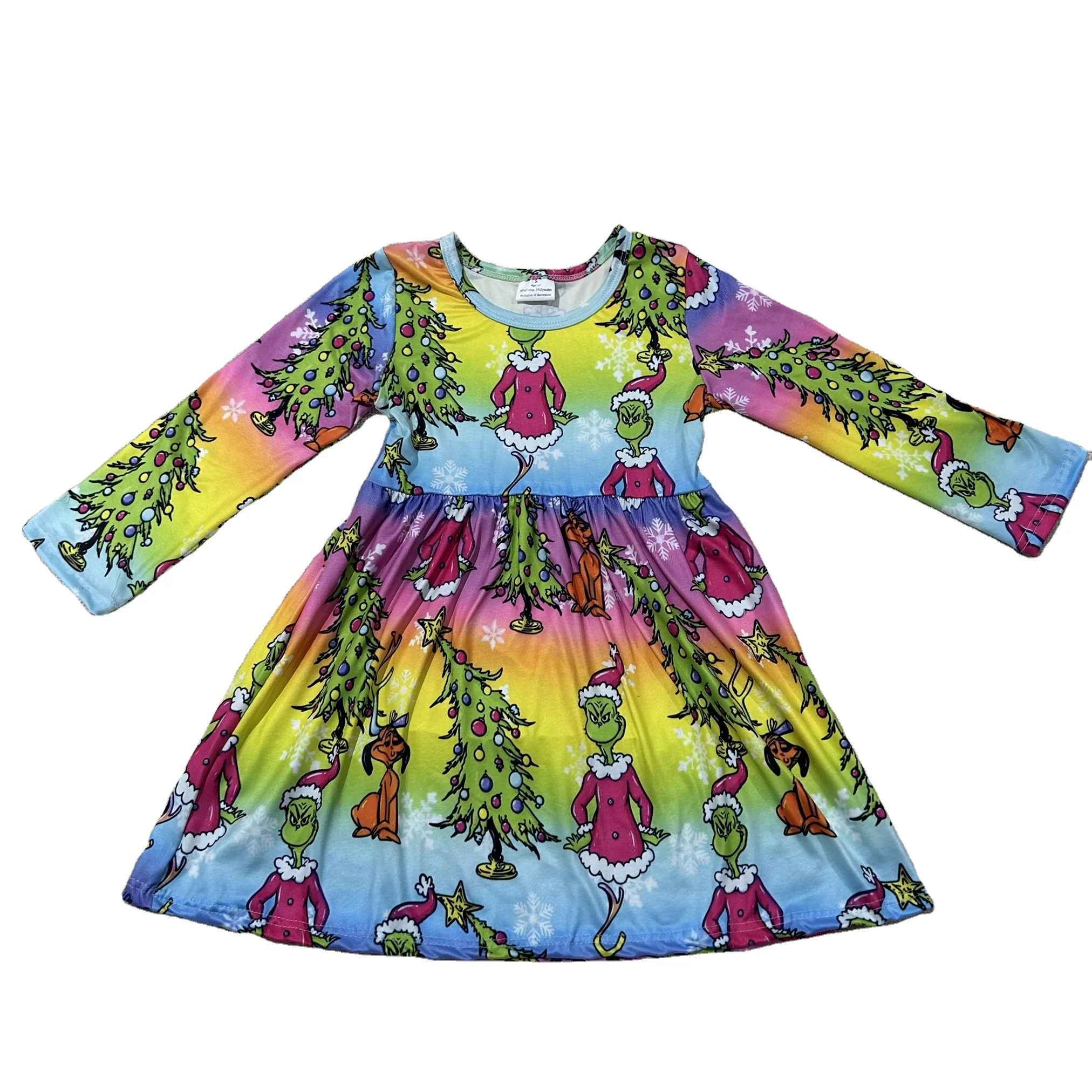 Wholesale children clothing boutique hot selling milk silk  house print Christmas  dress for kids girl 4 to 5 years old
