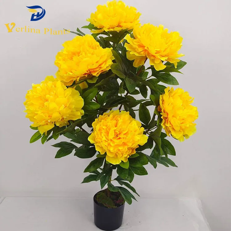 Wholesale peony plant indoor Artificial Green Leave yellow flower Bonsai