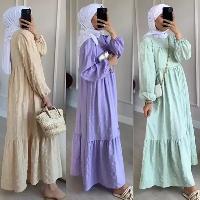 Solid Women Basic Dress Hot Selling Middle East Long Sleeve Dress Malay Indonesia Muslim Print Standing Collar Dress