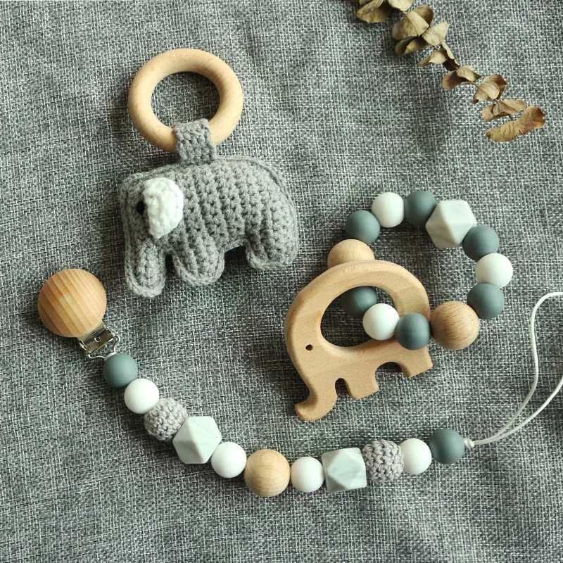 
Amazon Hot Sale Silicone Wooden Beads Crochet Baby Rattle Teether Dummy Clip Pacifier Chain Toy Set 