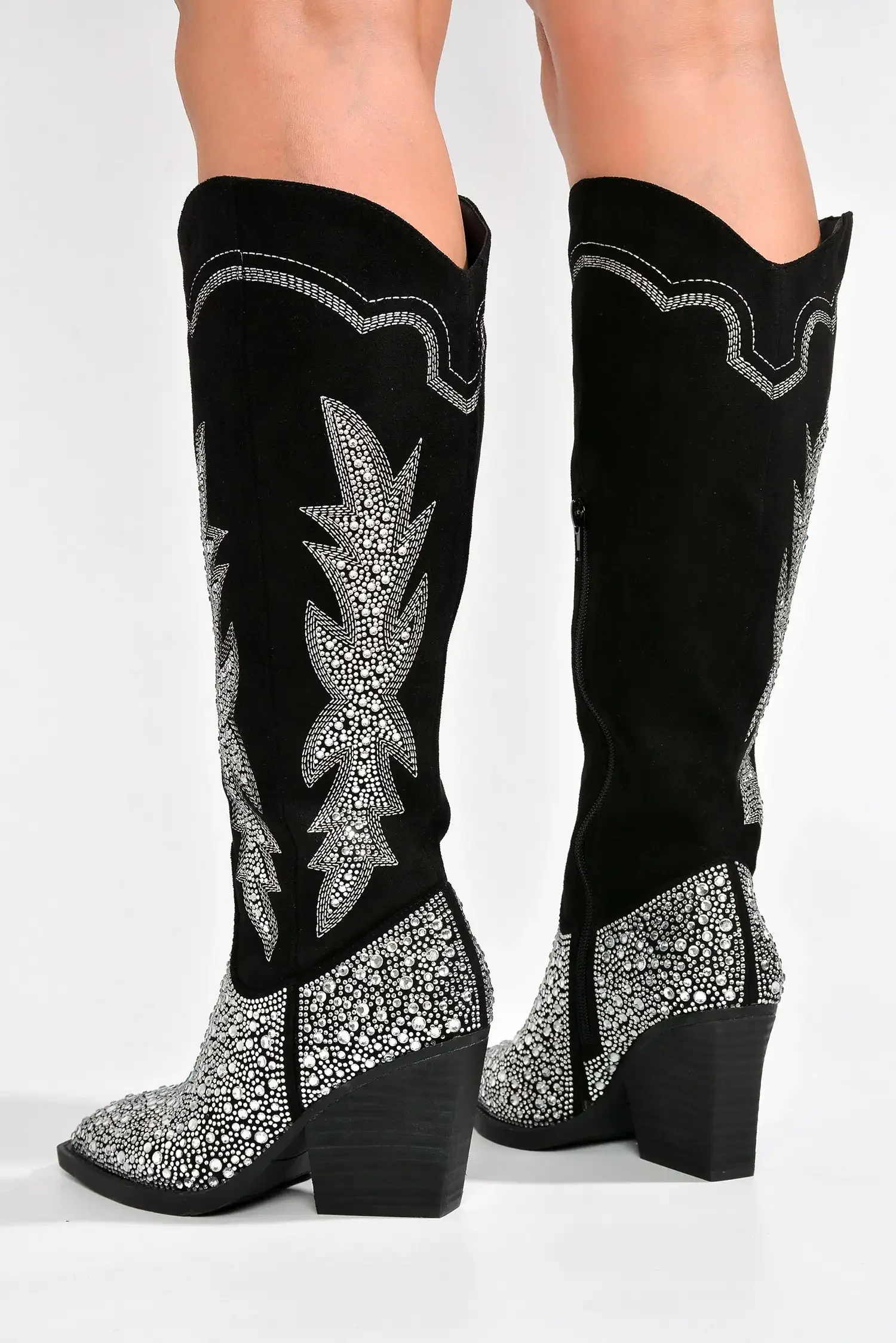 Women Black Knee High Rhinestone Boots Western Cowboy Boots Glitter Bling Shiny Block Heel Handmade Boots 44